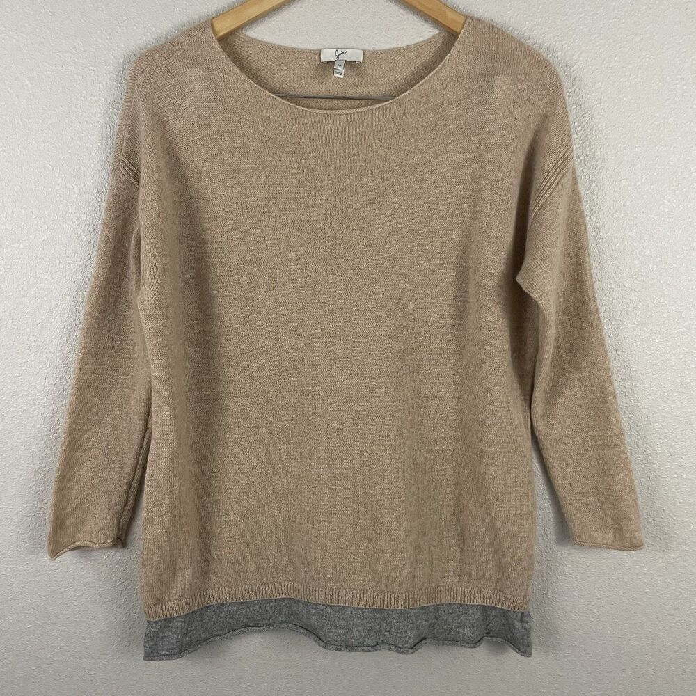 Joie Womens M Tan Gray Contrast Dewberry 100% Cashmere Sweater